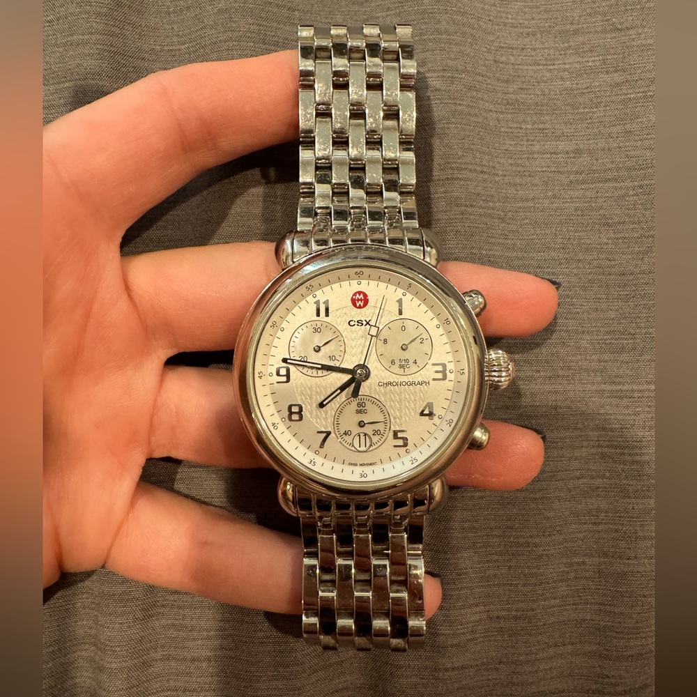 Michele CSX round silver watch.
